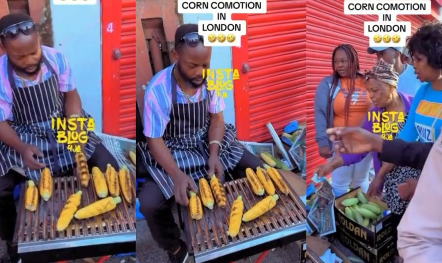 “₦2k per one, Man done cashout”-Reactions as customers struggle to purchase roasted corn from Nigerian corn seller in UK.(Video)