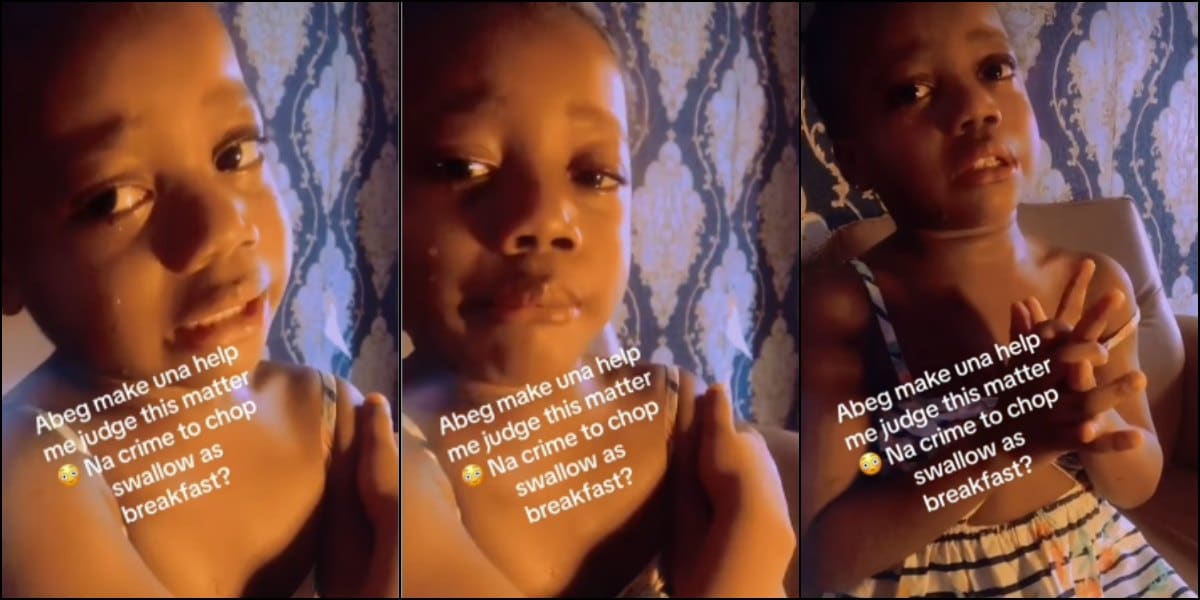 Little girl cried bitterly over eating eba everyday for breakfast, emotional video trends(Video)